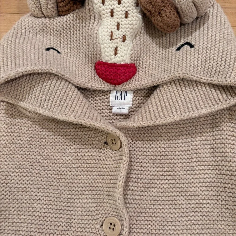 Baby Gap Reindeer Sweater 6-12 Months Beige Tan Knit Button Christmas Holiday